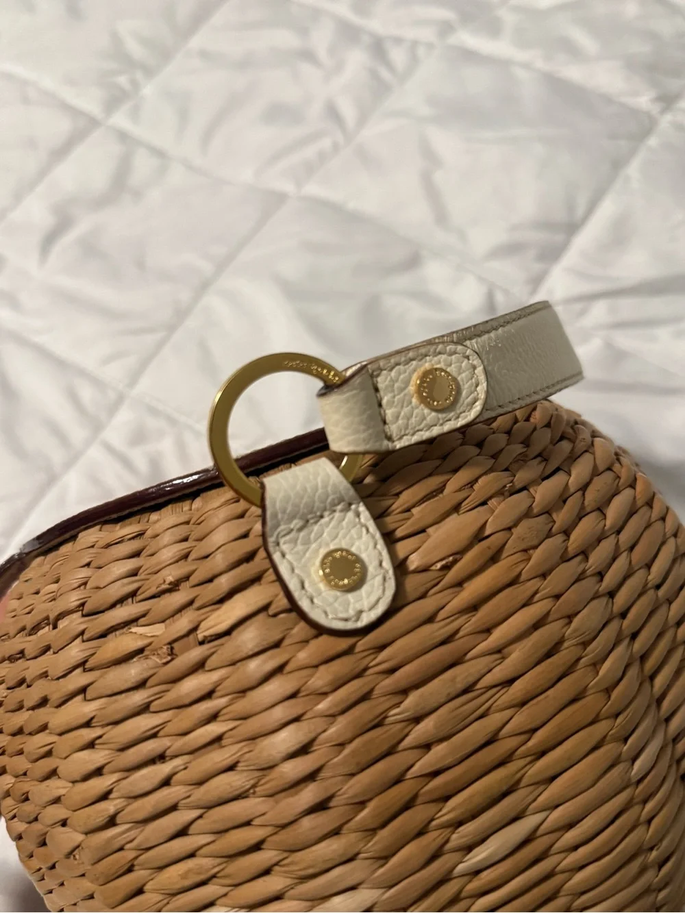 Kate Spade Woven Round Satchel in Tan and Cream with Gold Hardware - like new!